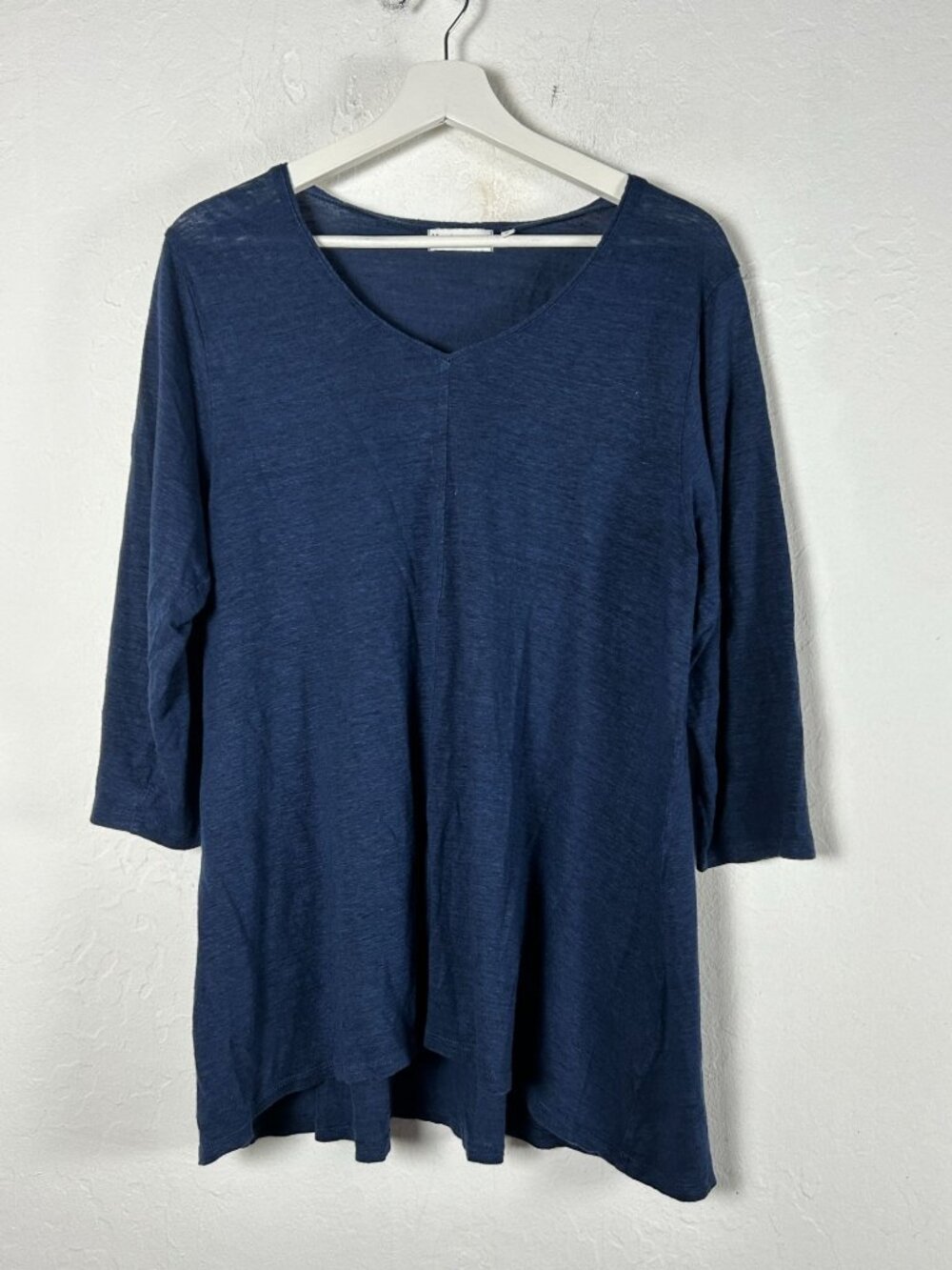 Habitat Women Navy Blue Linen V-Neck Tunic Top Medium 3/4 Sleeve High-Low Casual